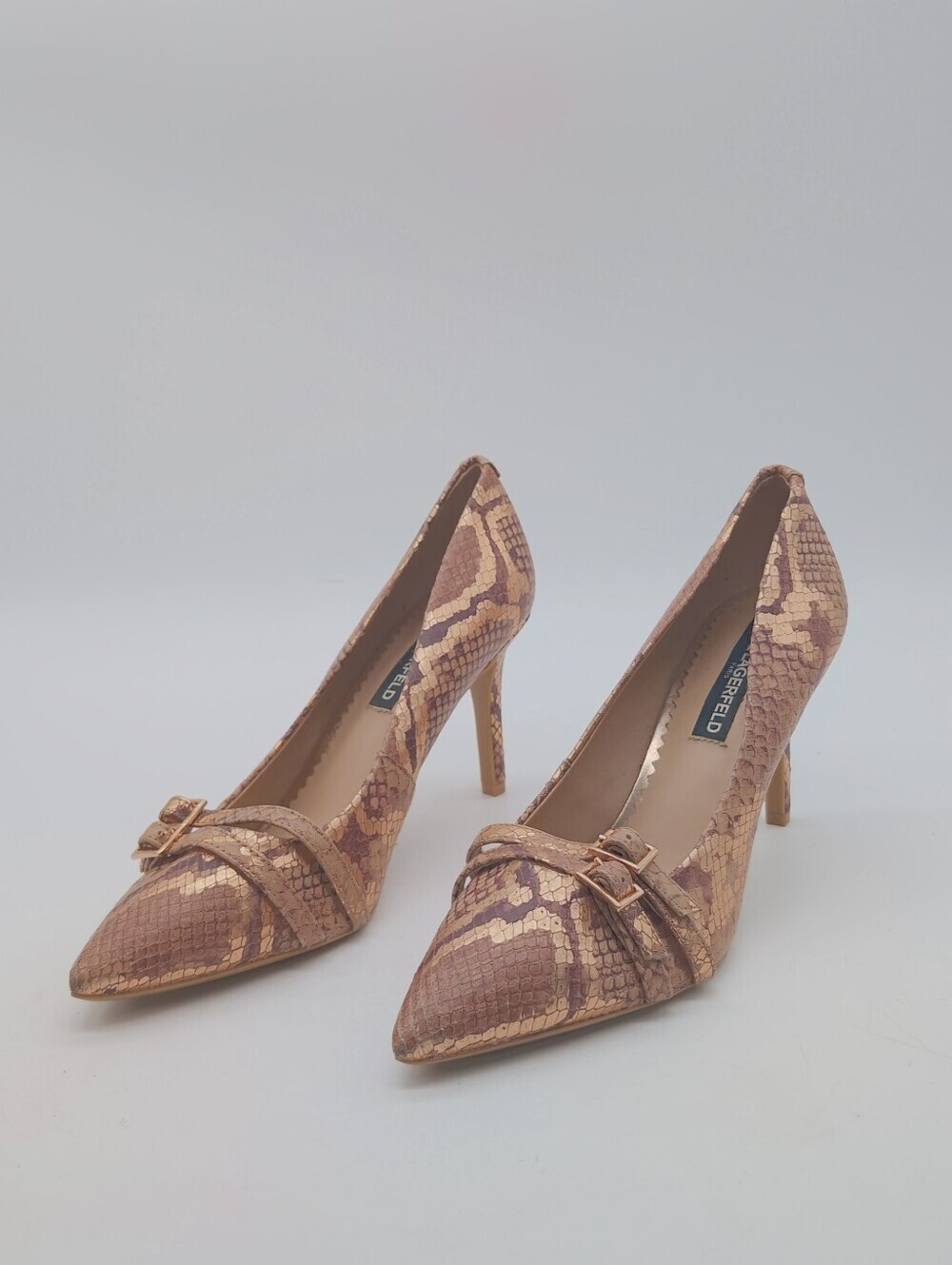 Karl Lagerfeld Radella Pointed Toe Python Metallic Leather Pump Rose Gold 8.5